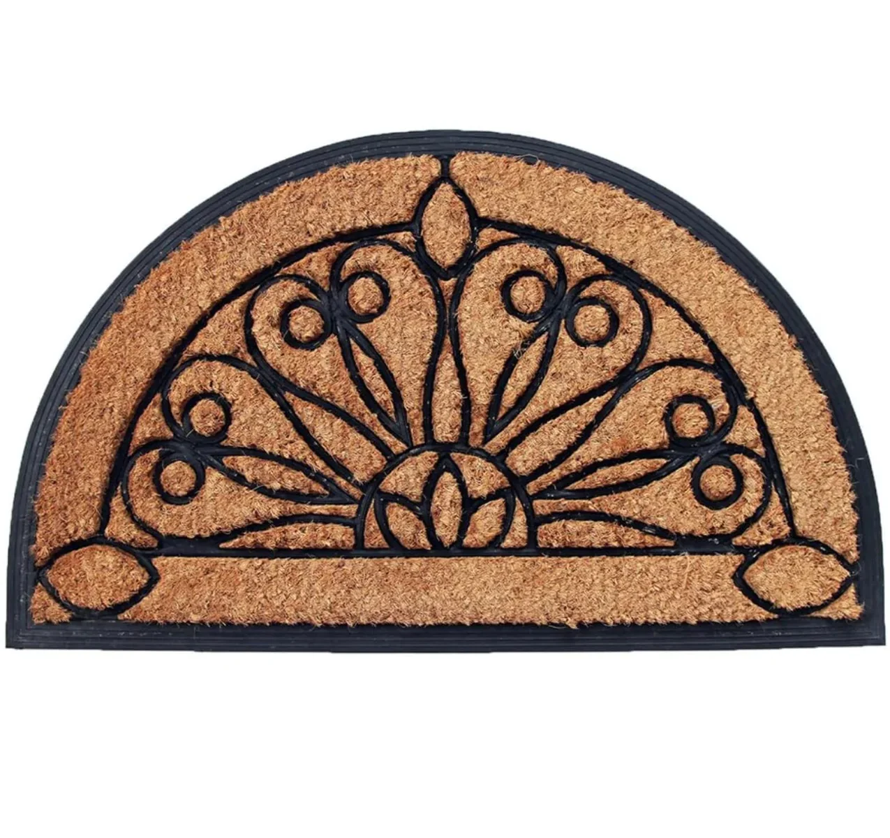 Half Moon Doormat, Natural Coir Surface and Rubber Moulded Border and Backing Mat (60cm x 90cm x 2 cm)